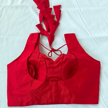 Red Taffeta Saree Blouse, Ready to Wear Sleeveless Indian Blouse, Deep Back Dori Latkan Blouse, Wedding Blouse, Bust 38-42