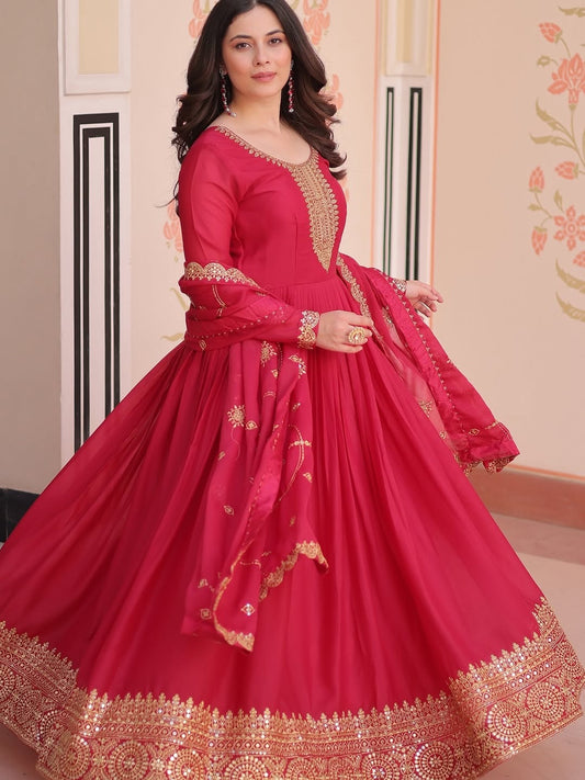 Rani Pink Anarkali Gown with Dupatta, Georgette Embroidered Indian Dress, Zari Sequin Long Gown, Wedding Outfit for Women, festive Outfit