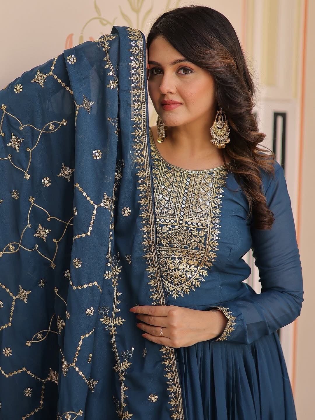 Teal Blue Anarkali Gown with Dupatta, Georgette Embroidered Indian Dress, Zari Sequin Long Gown, Wedding Outfit for Women, festive Outfit