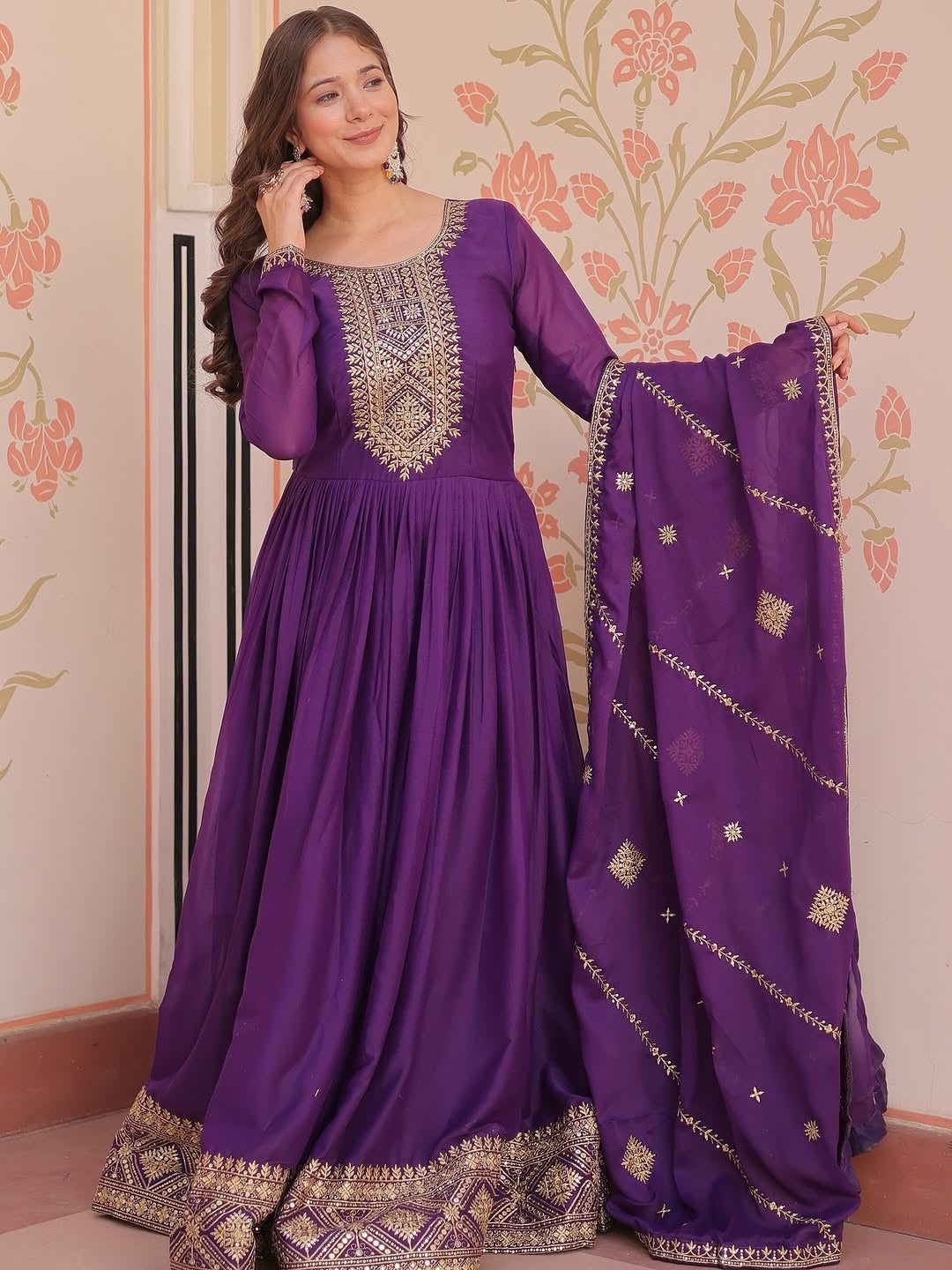 Purple Anarkali Gown with Dupatta, Georgette Embroidered Indian Dress, Zari Sequin Long Gown, Wedding Outfit for Women, festive Outfit, ethn