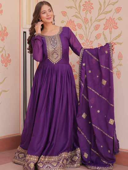 Purple Anarkali Gown with Dupatta, Georgette Embroidered Indian Dress, Zari Sequin Long Gown, Wedding Outfit for Women, festive Outfit, ethn