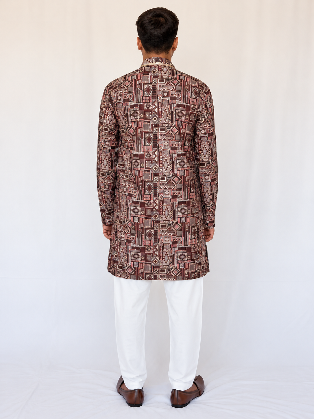 Men’s Maroon Brown Printed Kurta Pajama Set, Armani Fabric Geometric Print Kurta, Indian Festive Wear, Diwali Outfit, Men’s Navratri outfit