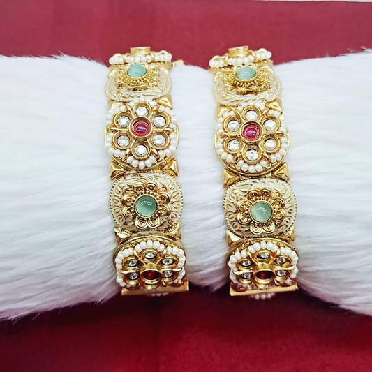 Royal Heritage Floral Openable Kada Set – Gold Tone Pearl & Ruby-Green Stone Bangles (Set of 2)
