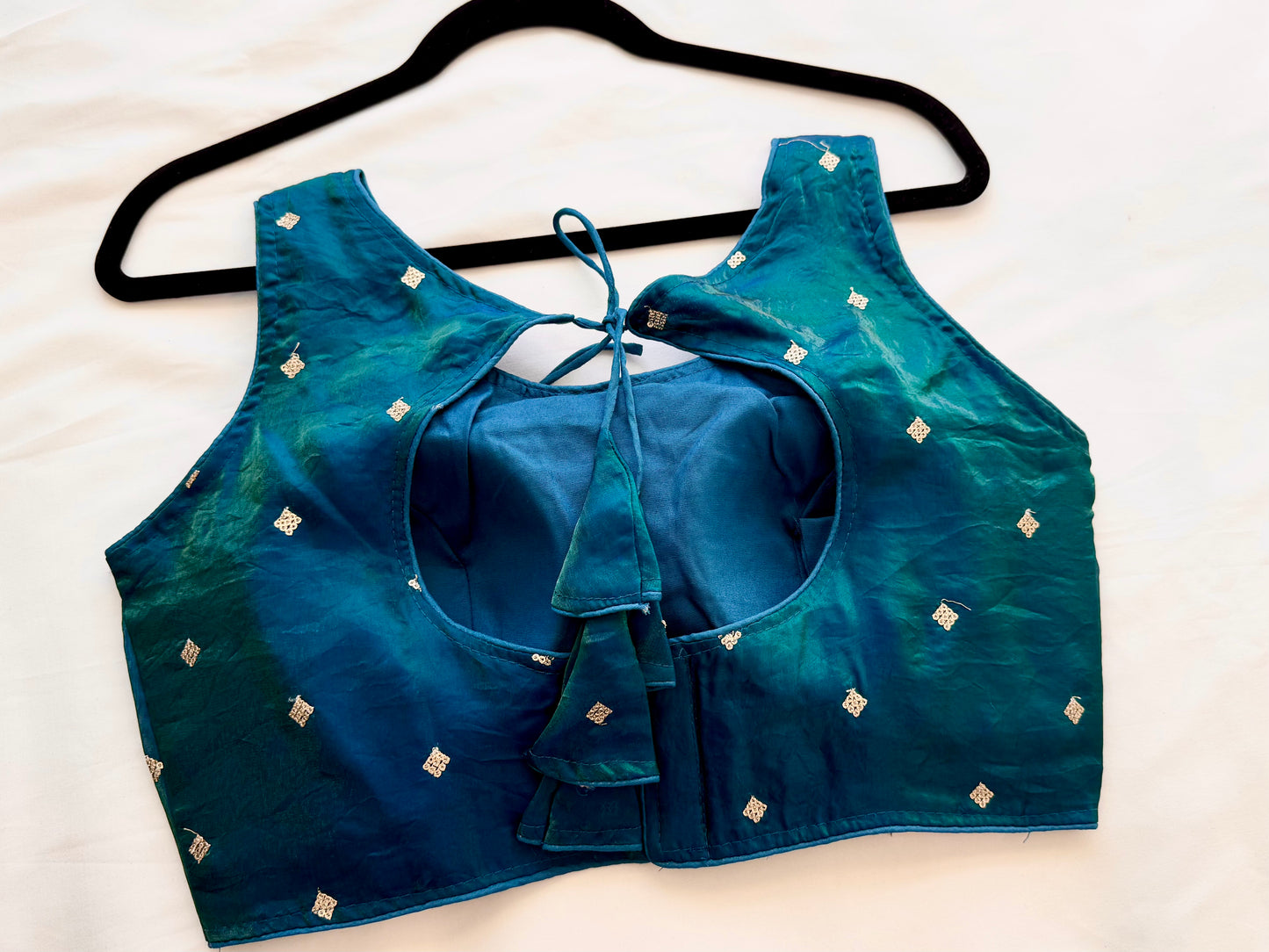 Peacock Green Fandy Silk Blouse | Dual Tone Shiny Sequins Butti Readymade Padded Blouse