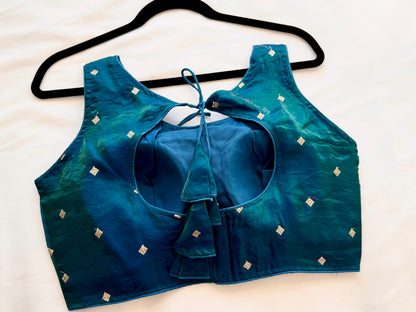 Peacock Green Fandy Silk Blouse | Dual Tone Shiny Sequins Butti Readymade Padded Blouse