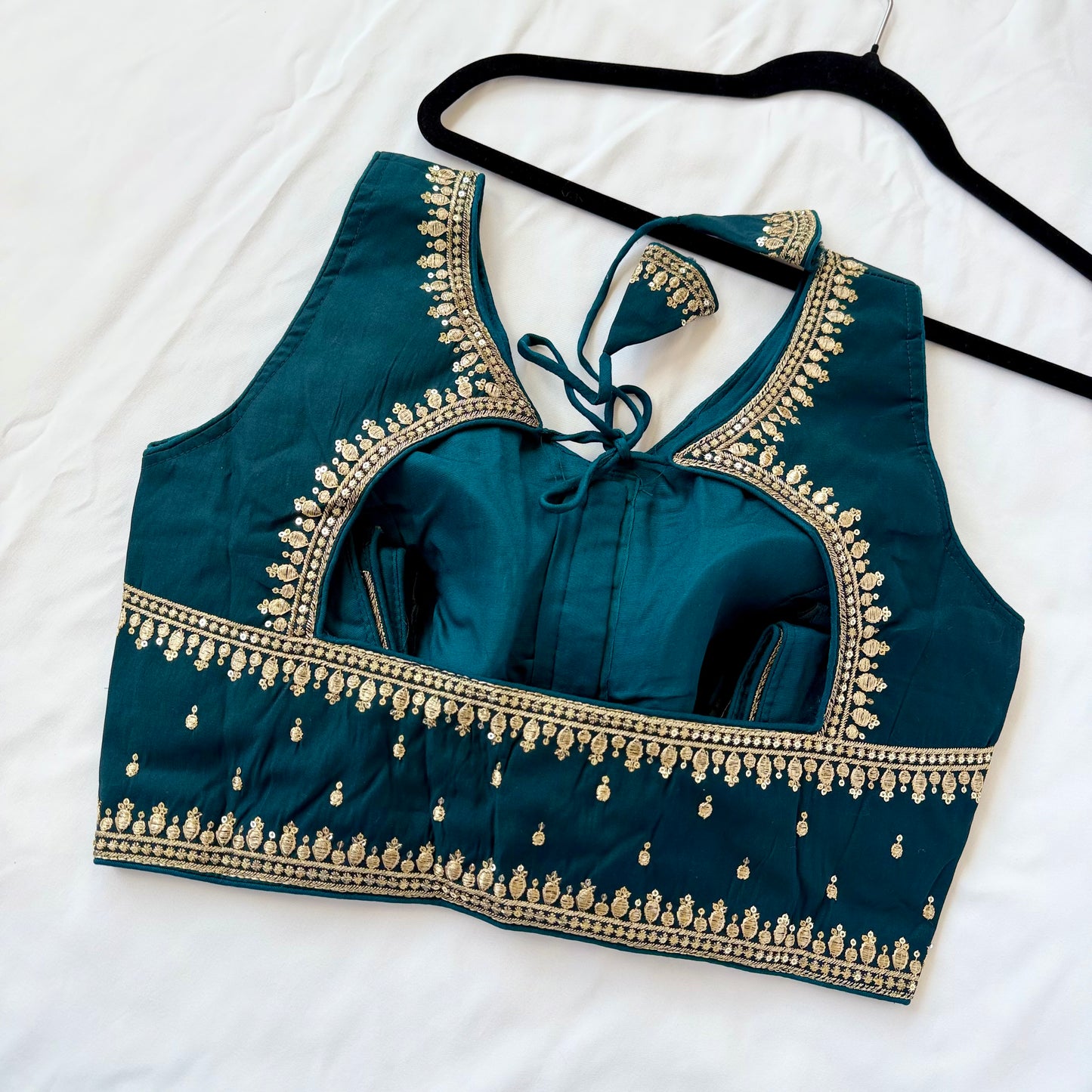 Dark Teal Jacquard Saree Blouse, Gold Embroidered Designer Blouse, Deep Back Neck Blouse with Latkan, Ready to Wear Indian Blouse, Crop top