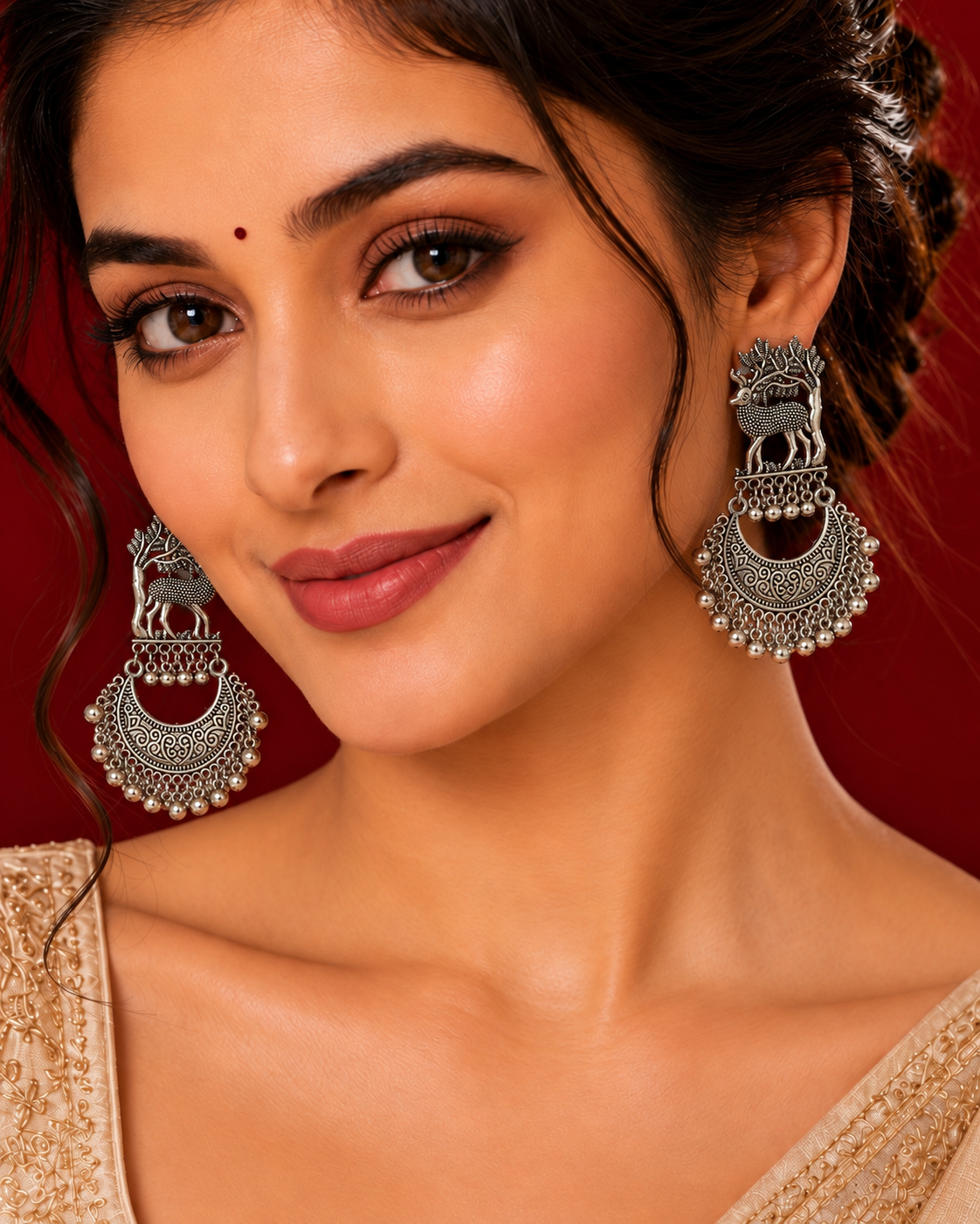 Oxidized Silver Deer Chandbali Earrings, Statement Indian Jhumka Earrings, Tribal Boho Jewelry, Ghungroo Dangle Earrings, Ethnic Wedding Jewelry