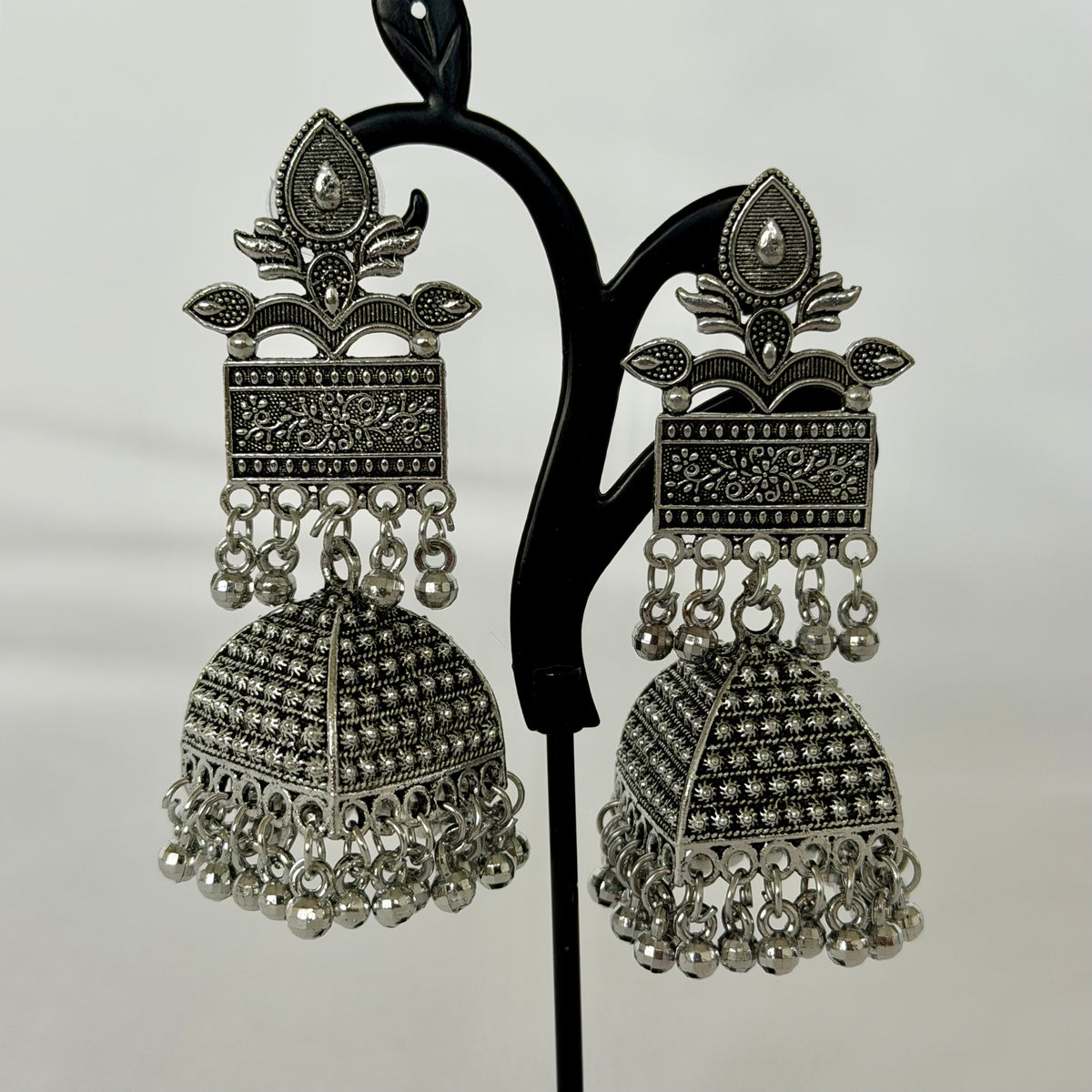 Oxidized Silver Jhumka Earrings, Large Indian Statement Earrings, Floral Tribal Jhumki, Traditional Ethnic Jewelry, Boho Festive, Garba earr