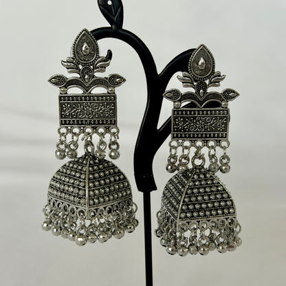 Oxidized Silver Jhumka Earrings, Large Indian Statement Earrings, Floral Tribal Jhumki, Traditional Ethnic Jewelry, Boho Festive, Garba earr