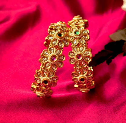 Handcrafted Kundan Floral Openable Kada | Gold-Tone Indian Bangle with Ruby & Emerald Stones