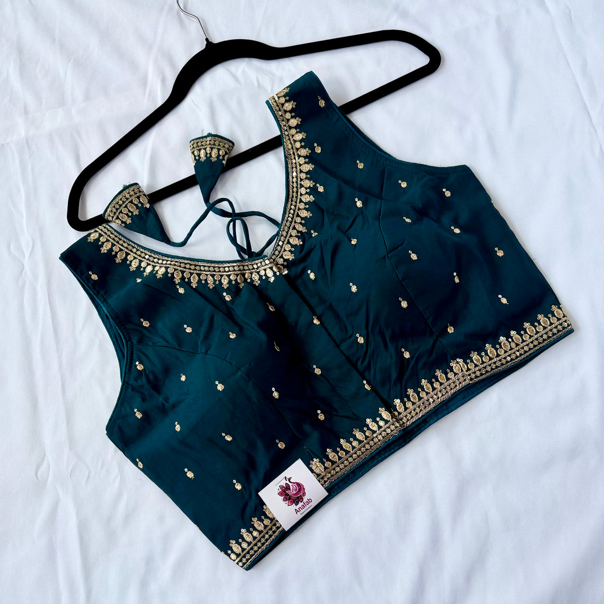 Dark Teal Jacquard Saree Blouse, Gold Embroidered Designer Blouse, Deep Back Neck Blouse with Latkan, Ready to Wear Indian Blouse, Crop top
