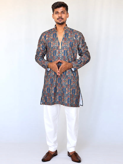 Men’s Grey Blue Armani Kurta Pajama Set, Golden Foil Print Indian Kurta, Wedding Guest Outfit, Diwali Festive Wear, Traditional Ethnic Dress