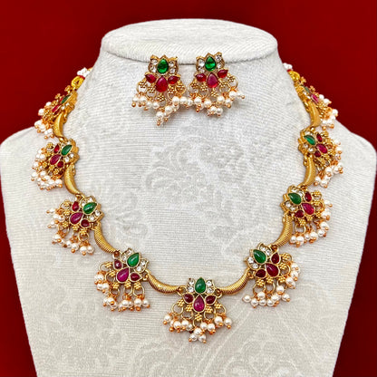Temple Style Gold Necklace Set with Green & Ruby Stones, Pearl Drop Indian Jewelry, Traditional Bridal Necklace, Festive Wedding Jewelry Set