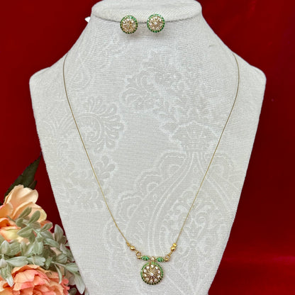 Emerald Green Invisible Chain Pendant Set with Stud Earrings | Gold Finish CZ Floral Round Pendant Necklace | Elegant Minimal Jewelry Set