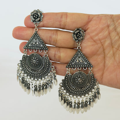 Oxidized Silver Afghani Earrings, Long Tribal Chandbali Earrings, Boho Statement Earrings, Indian Ethnic Jewelry, Silver Dangle Earrings
