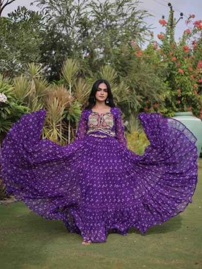Navratri Bandhani Gown, Purple Garba Dress, Kutchi Patchwork Anarkali, Gujarati Traditional Dress, 12 Meter Flared Indian Ethnic Gown