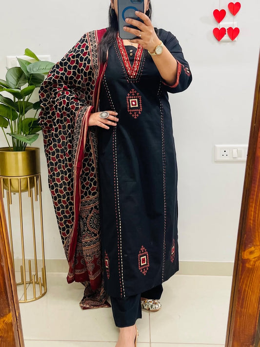Black Dabu Cotton Suit Set | Mirror Work Kurta |  Handblock Print Dupatta | Soft Comfortable Office wear | Casual Ethnic Wear for Women
