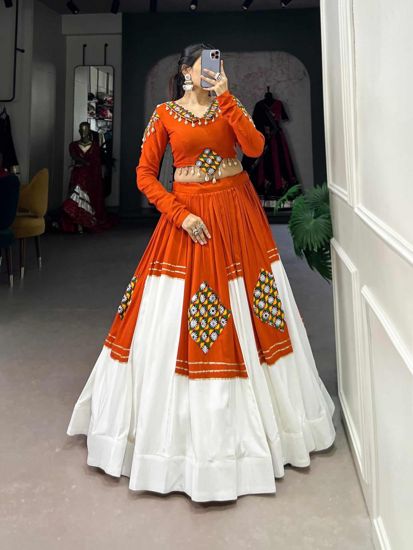 Navratri Lehenga Choli for Women, Orange White Garba Chaniya Choli, Gamthi Patchwork Lehenga, Kutchi Style Dandiya Raas Outfit