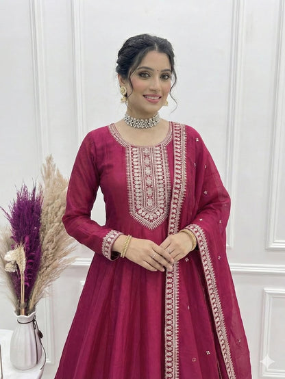 Dark Pink Anarkali Gown with Dupatta, Pure Vichitra Silk Dress, Heavy Embroidery Kali Anarkali Dress, Indian Wedding Festive Outfit