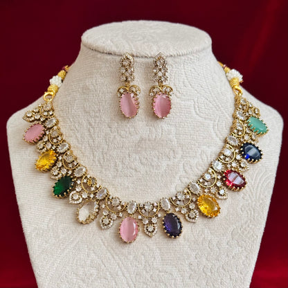 Multicolor Victorian Necklace Set for Women, Pastel Stone Statement Jewelry, Indian Wedding Necklace, CZ Party Wear Choker Set, Bridal Jewel