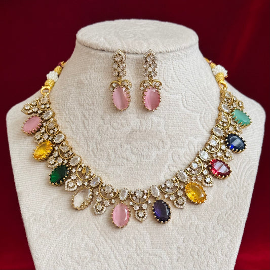 Multicolor Victorian Necklace Set for Women, Pastel Stone Statement Jewelry, Indian Wedding Necklace, CZ Party Wear Choker Set, Bridal Jewel