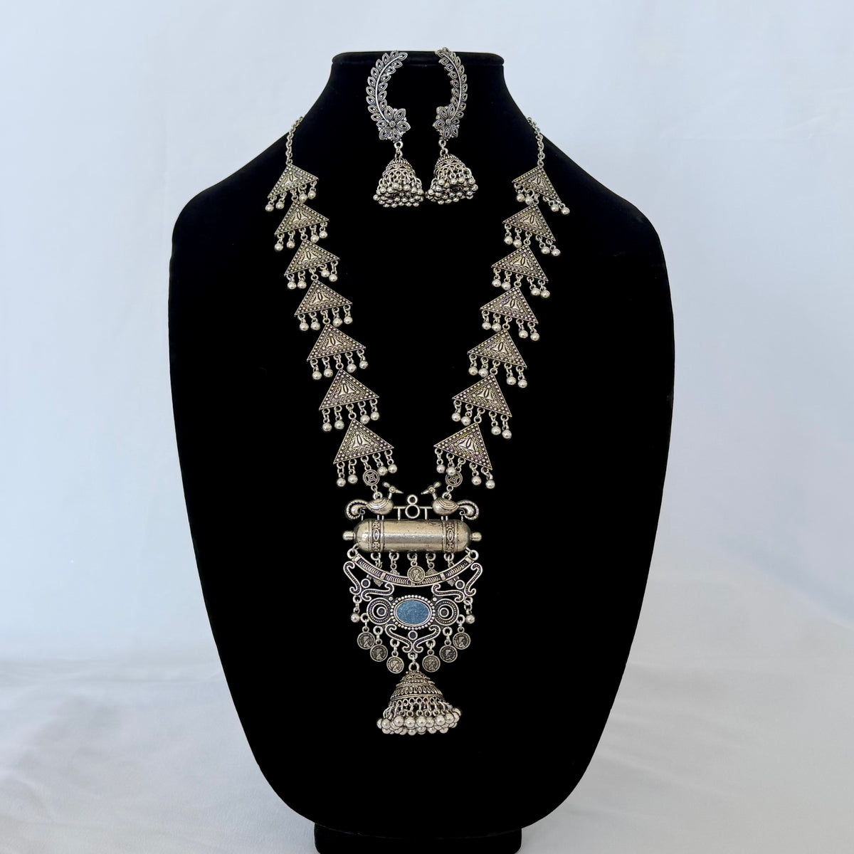 Oxidized Silver Long Necklace Set with Mirror Pendant & Jhumka Earrings, Tribal Statement Jewelry, Indian Boho Necklace Set