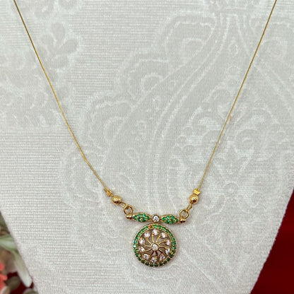 Emerald Green Invisible Chain Pendant Set with Stud Earrings | Gold Finish CZ Floral Round Pendant Necklace | Elegant Minimal Jewelry Set