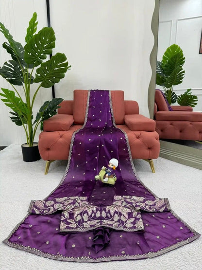Purple Designer Saree with Readymade Stitched Blouse | Soft Shimmery tissue Party Wear Saree | Wedding & Festive Saree | Indian Ethnic Saree