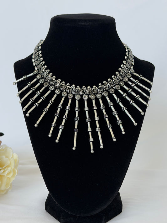 Oxidized Silver Statement Necklace, Tribal Indian Jewelry, Boho Long Stick Necklace, Navratri Garba Jewelry, Ethnic Festival Necklace
