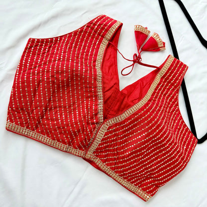 Bright Red Saree Blouse, V Neck Zari Embroidered Blouse, Sleeveless Ready to Wear Indian Blouse, Wedding Festive Blouse, Crop top, lehenga t