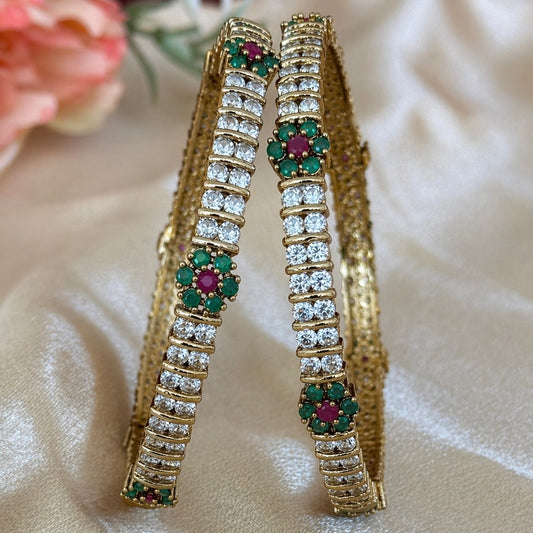 Elegant Gold Finish Crystal Bangles Set with Emerald Ruby Floral Design | Elegant Indian Bridal & Festive Kada | 2 Pc Set | ethnic bangles