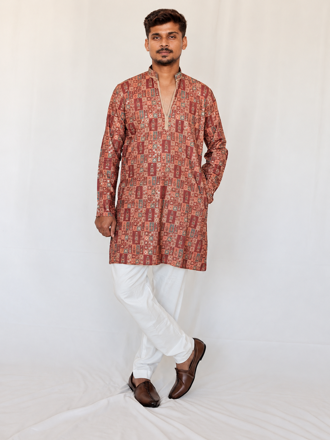 Men’s Orange Maroon Kurta Pajama Set, Soft Armani Fabric Printed Kurta with Golden Shine, Indian Wedding Outfit, Diwali Festive Wear for Men