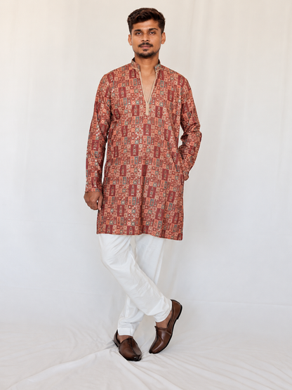 Men’s Orange Maroon Kurta Pajama Set, Soft Armani Fabric Printed Kurta with Golden Shine, Indian Wedding Outfit, Diwali Festive Wear for Men