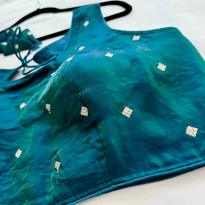 Peacock Green Fandy Silk Blouse | Dual Tone Shiny Sequins Butti Readymade Padded Blouse