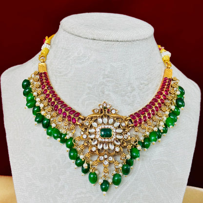 Kemp Stone Choker Necklace Set, Ruby Green Temple Jewelry, Emerald Beads Necklace with Earrings, Indian Bridal Jewelry, Ships from USA
