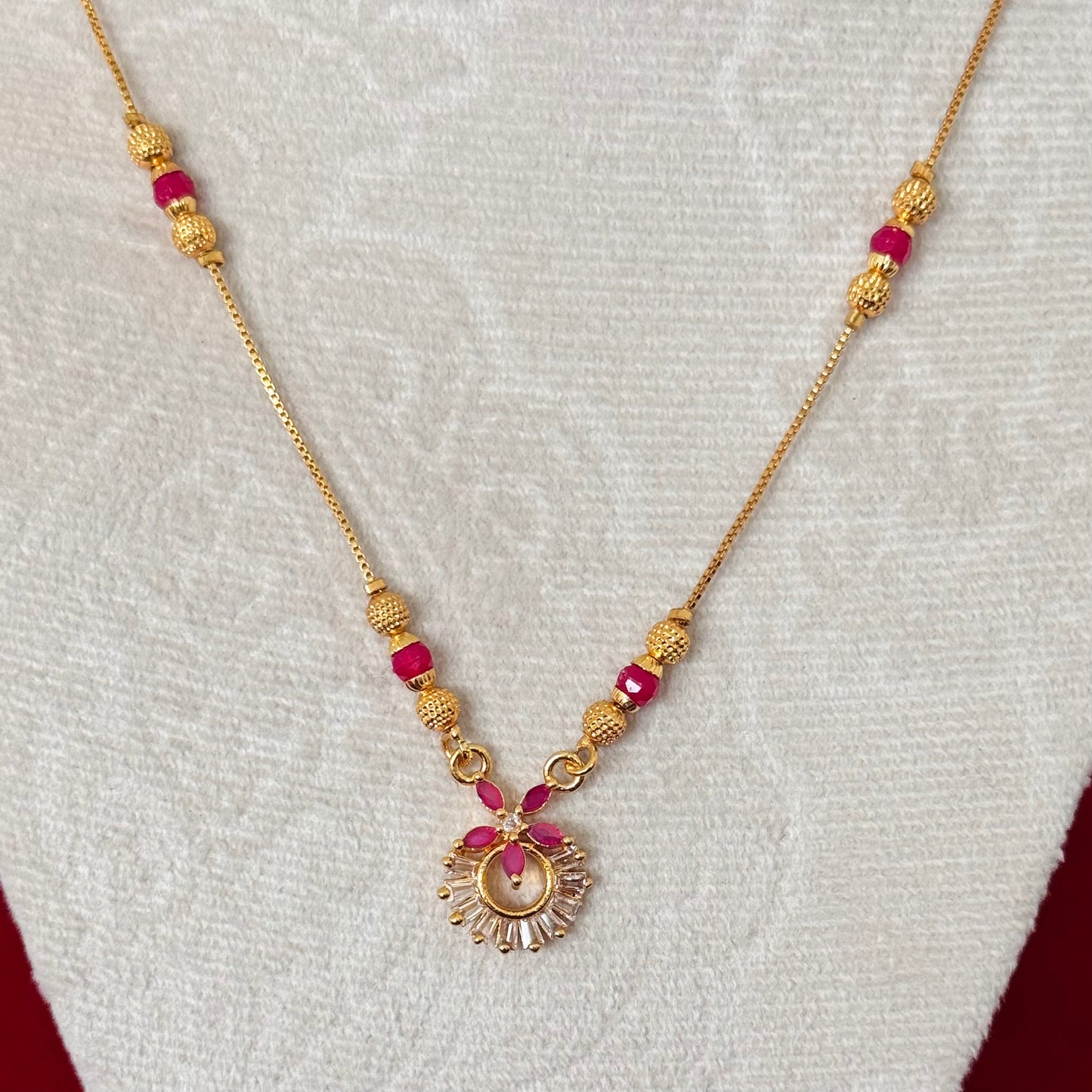 Minimal Ruby Pink Daily Wear Necklace for Women | Dainty Gold Tone Pendant Necklace | Indian Traditional Jewelry Gift | Party wear necklace