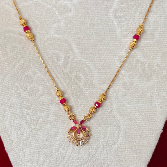 Minimal Ruby Pink Daily Wear Necklace for Women | Dainty Gold Tone Pendant Necklace | Indian Traditional Jewelry Gift | Party wear necklace