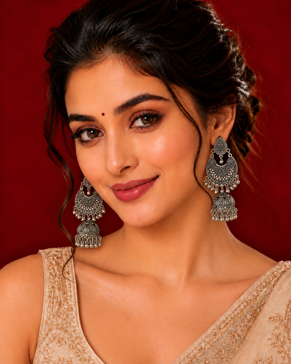Oxidized Silver Chandbali Jhumka Earrings, Long Indian Statement Earrings, Traditional Ethnic Jewelry, Boho Dangle Earrings for Women