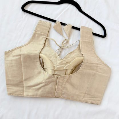 Beige Shimmer Tissue Saree Blouse, Ready to Wear Indian Blouse, V Neck Designer Choli, Sleeveless Wedding Blouse, Festive Blouse