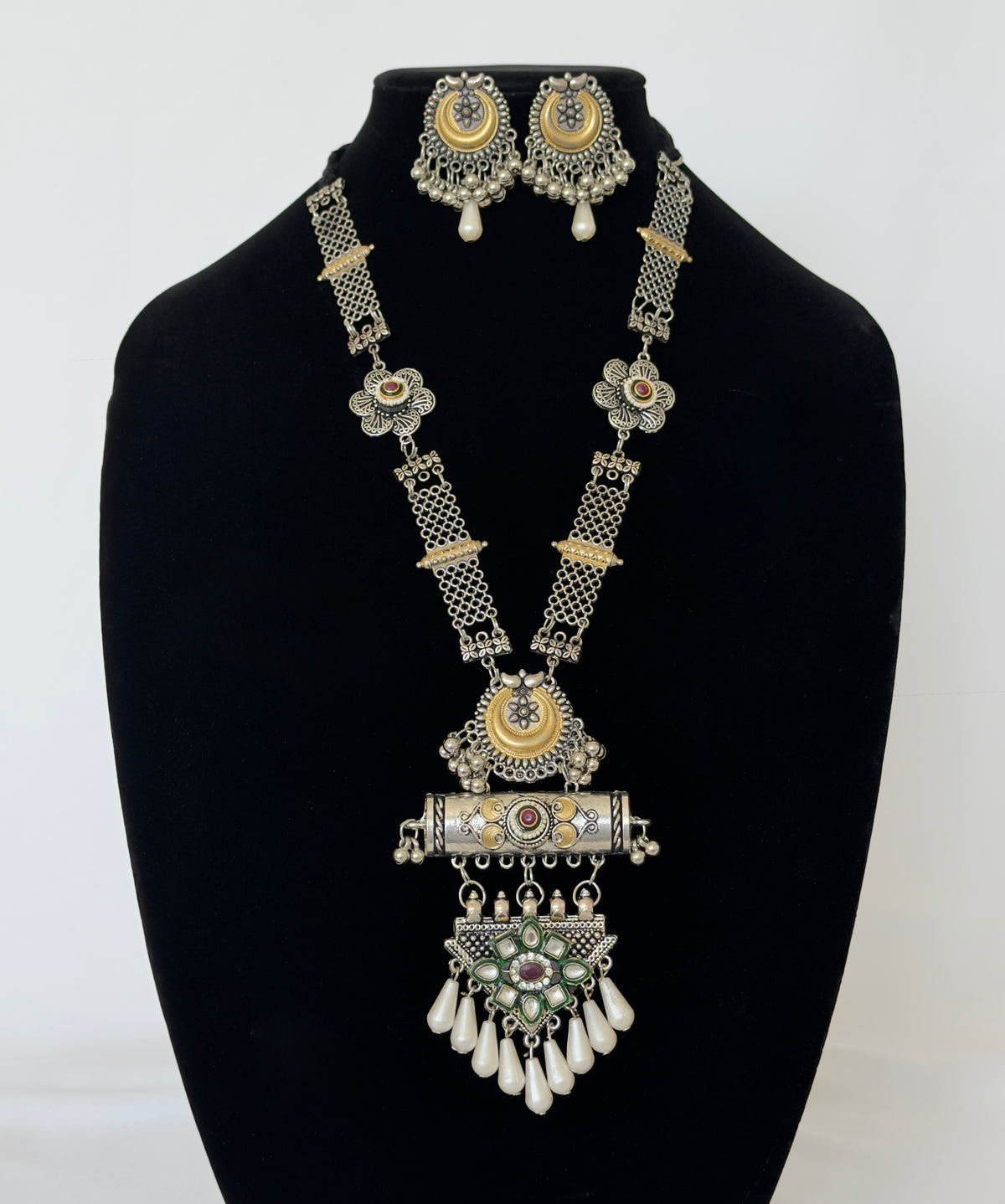 Oxidized Silver Long Necklace Set with Statement Pendant, Dual Tone Tribal Jewelry, Pearl Drop Earrings, Boho Indian Necklace, Festive Jewel