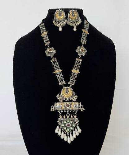 Oxidized Silver Long Necklace Set with Statement Pendant, Dual Tone Tribal Jewelry, Pearl Drop Earrings, Boho Indian Necklace, Festive Jewel