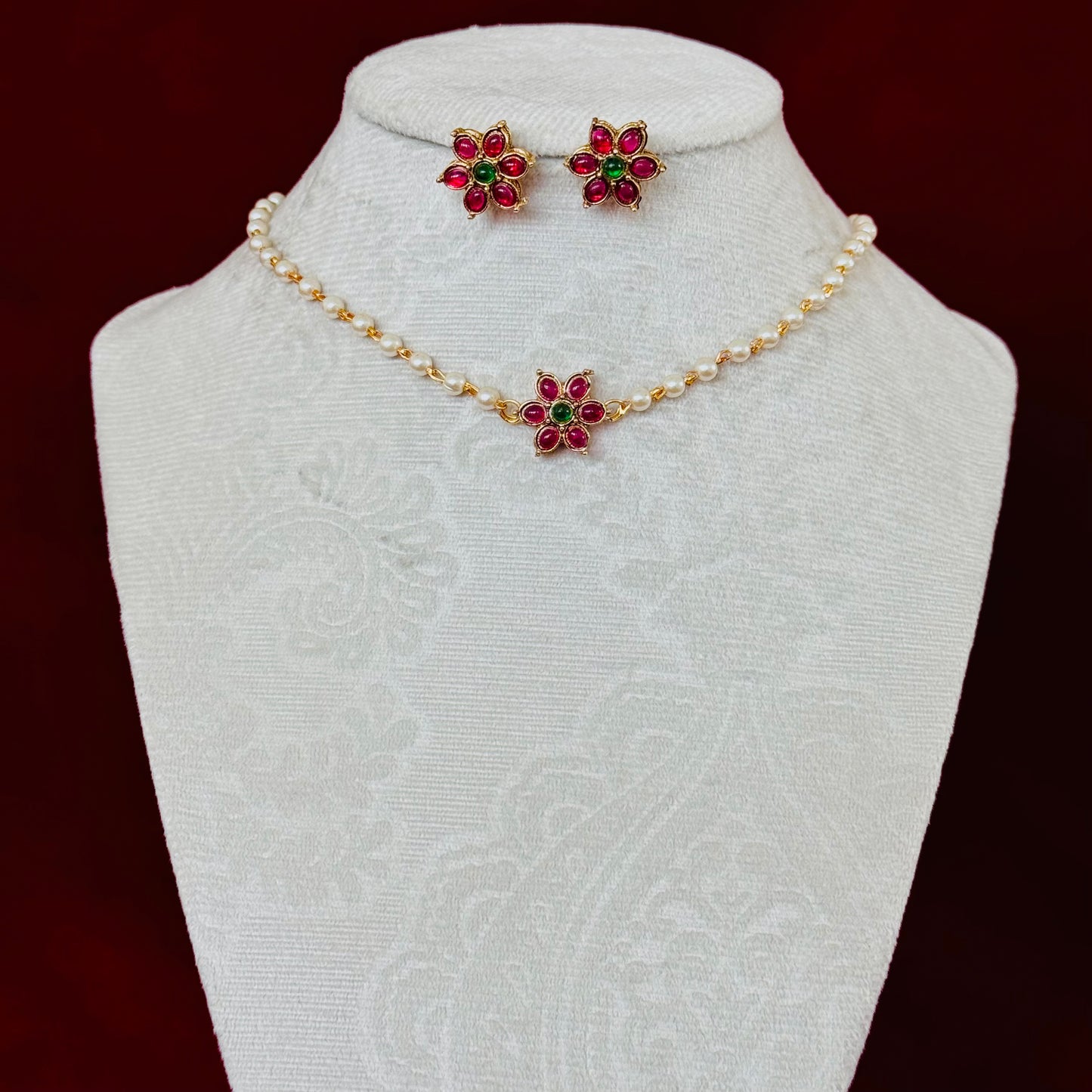 Ruby Green Floral Necklace Set, Pearl Chain Choker, Traditional Indian Jewelry, Temple Style Flower Pendant, Bridal Festive Necklace Earring