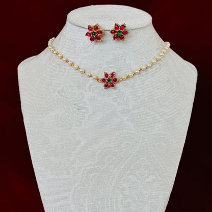 Ruby Green Floral Necklace Set, Pearl Chain Choker, Traditional Indian Jewelry, Temple Style Flower Pendant, Bridal Festive Necklace Earring
