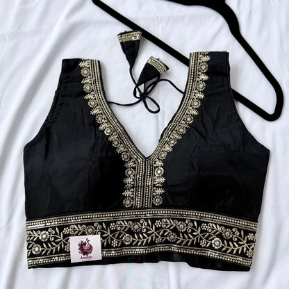 Black Saree Blouse, Gold Zari Embroidered Blouse, Ready to Wear Indian Blouse, Sleeveless Designer Blouse, Wedding Festive Blouse