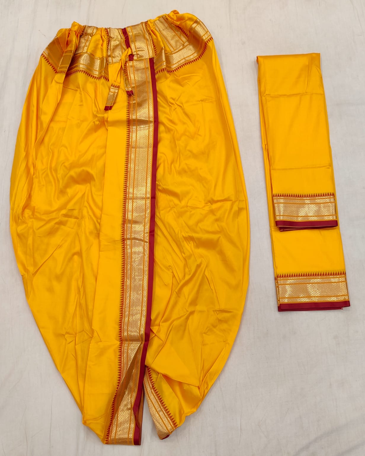 Men’s Yellow Dhoti Dupatta Set for Puja | Traditional South Indian Dhoti with Golden Zari Border | Hindu Ceremony Wear | Temple Wedding Outf