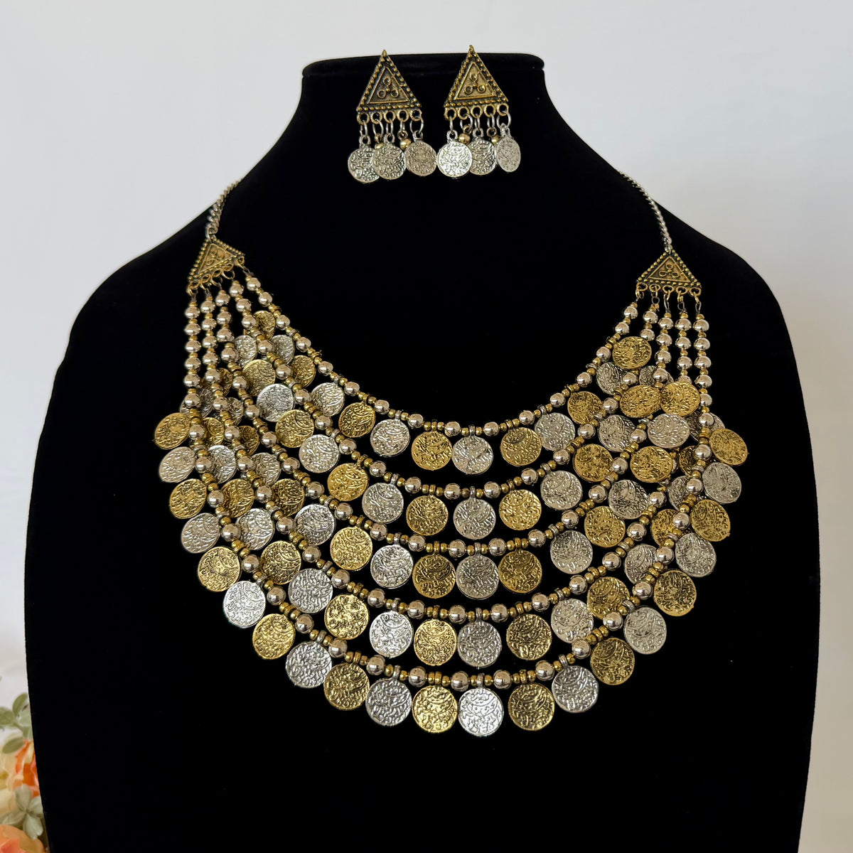 Oxidized Silver Gold Coin Necklace Set, 5 Layer Indian Statement Necklace with Earrings, Navratri Garba Jewelry, Tribal Boho Ethnic Jewelry