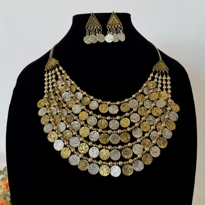 Oxidized Silver Gold Coin Necklace Set, 5 Layer Indian Statement Necklace with Earrings, Navratri Garba Jewelry, Tribal Boho Ethnic Jewelry