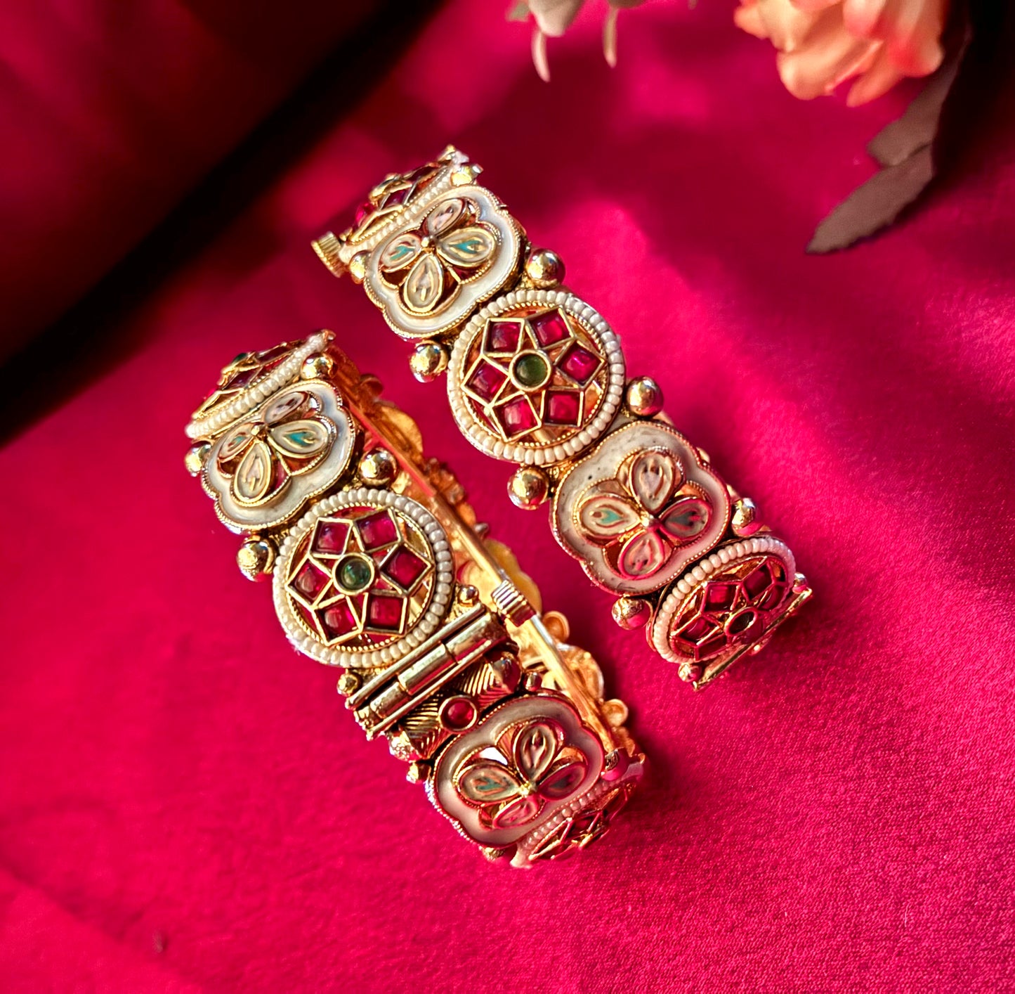 Royal Rajwadi Bangle Set | Handcrafted Kundan and Meenakari Beauty Kada | Festive Jewelry | Traditional Red & White Charm Bracelet