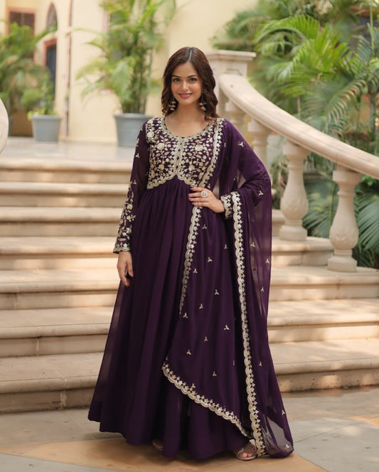 Designer Wine Long Gown with Dupatta | Zari & Sequins Embroidered Party Wear Dress