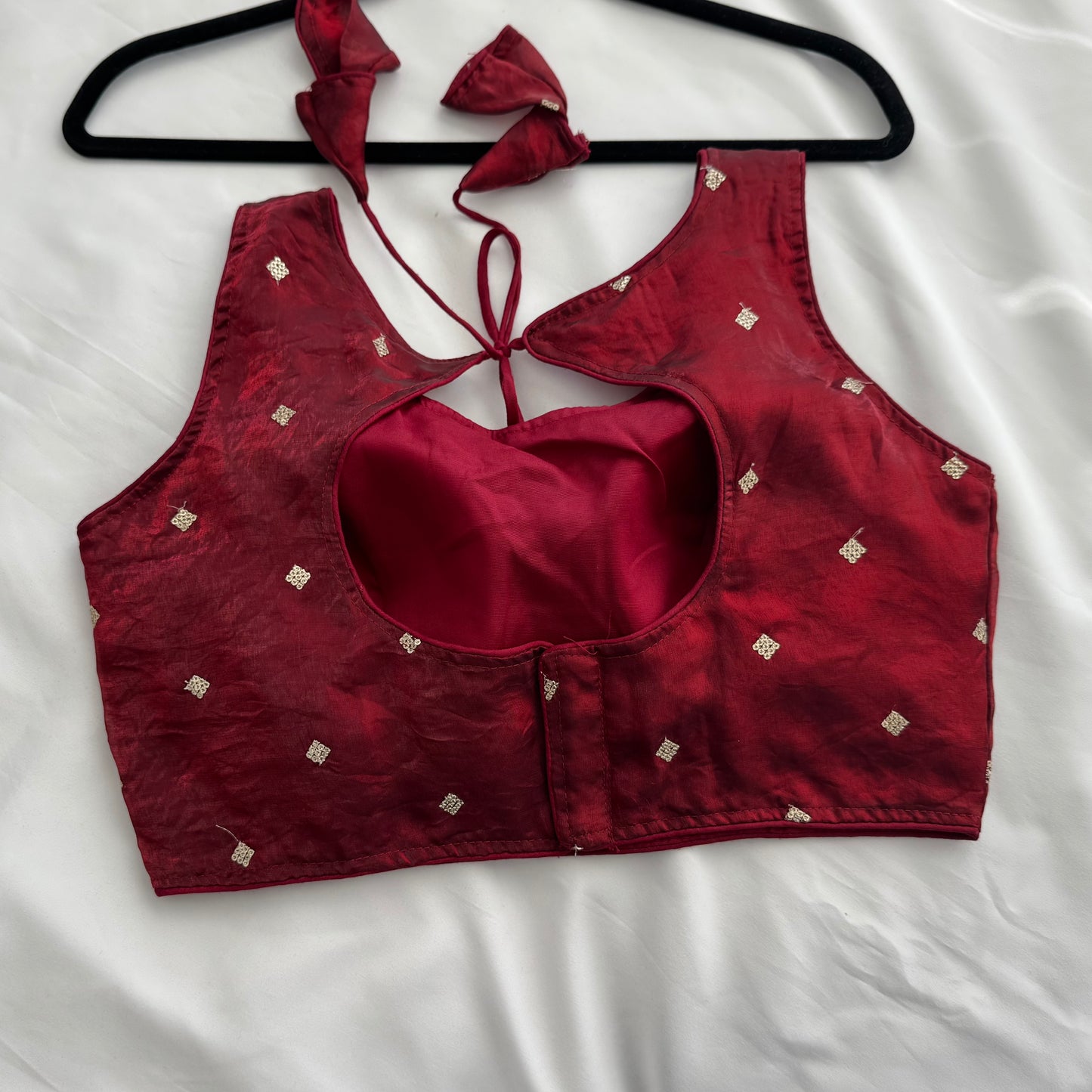 Maroon Fandy Silk Blouse | Sequins Butti Work, Padded Designer Saree Blouse (Ready to Wear)